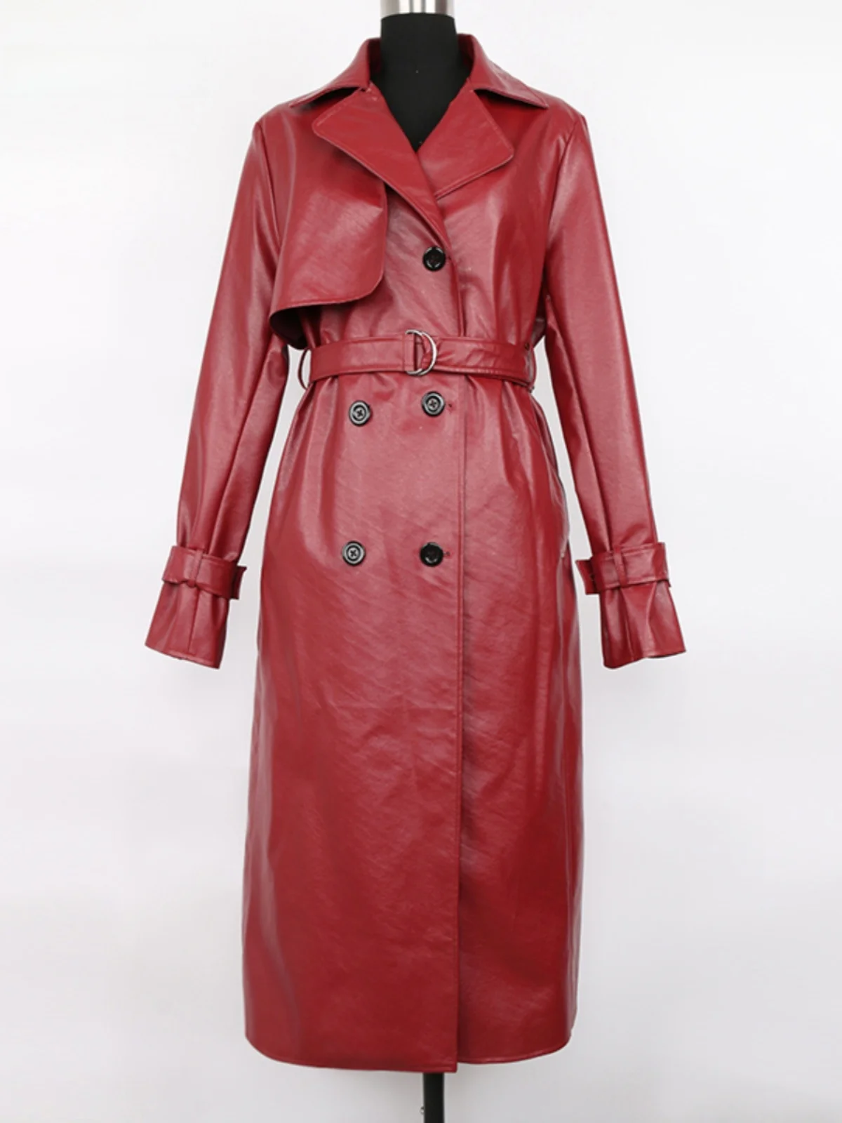 

Nerazzurri Wine Red PU Leather Jacket Women's Long Coat Belted Autumn New Style Commute Windbreaker Slim Fit Long Sleeve