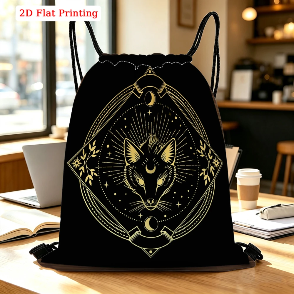Mystical Fox Moon Star Design Pattern Drawstring Bag, Travel Shoe Bag, Fitness Sports Backpack, Travel Outdoor Drawstring Bag