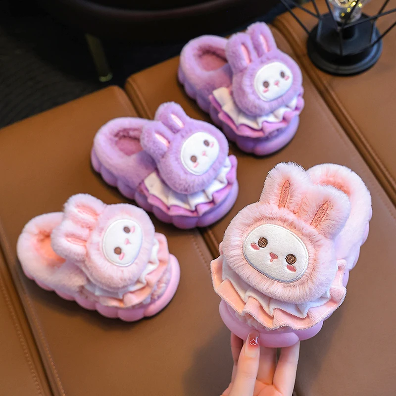 2024 New Winter Warm Cute Rabbit Indoor Closed-toe Mule Soft Non-slip Kids Fluffy Slippers For Girls Children Home Cotton Shoes