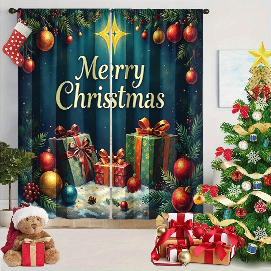 2PCS Christmas Winter Curtains, Merry Christmas Gift Box Ornament Pine Branch, Digital Print, Bedroom Living Room, Home Decor