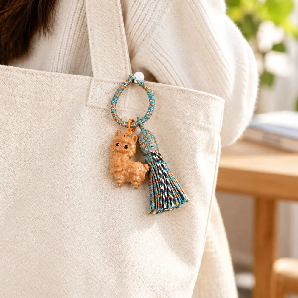 New Wood Lamb Keychain Handwoven Tassel Accent Sheep Bag Charm Handmade Craft Hanging Ring Tassel Keychain New Year Gift