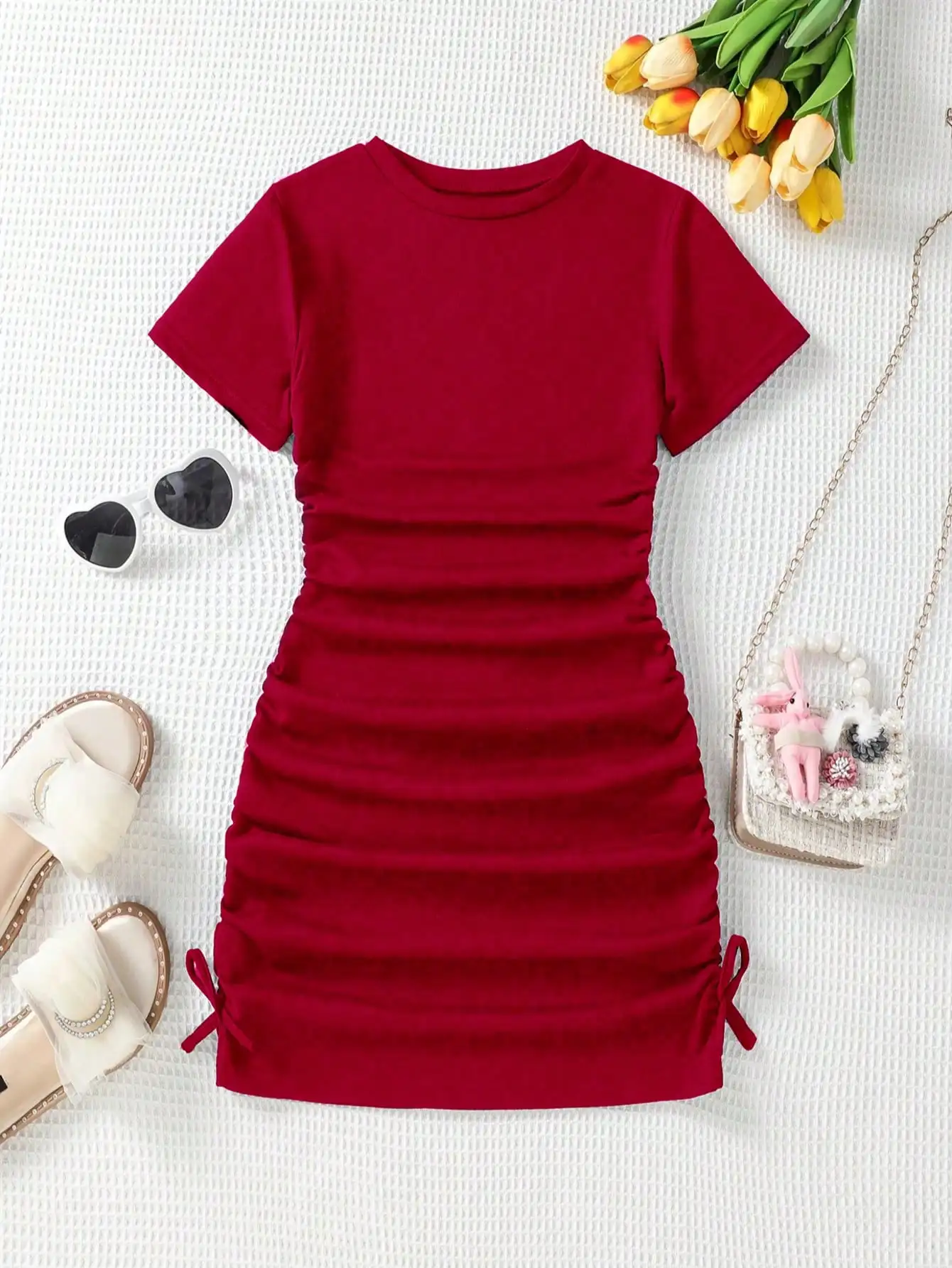 Girls' Casual Spring/Summer Short-Sleeved round Neck Dress with Wrinkle Bow Solid Color Long Skirt for Daily Travel