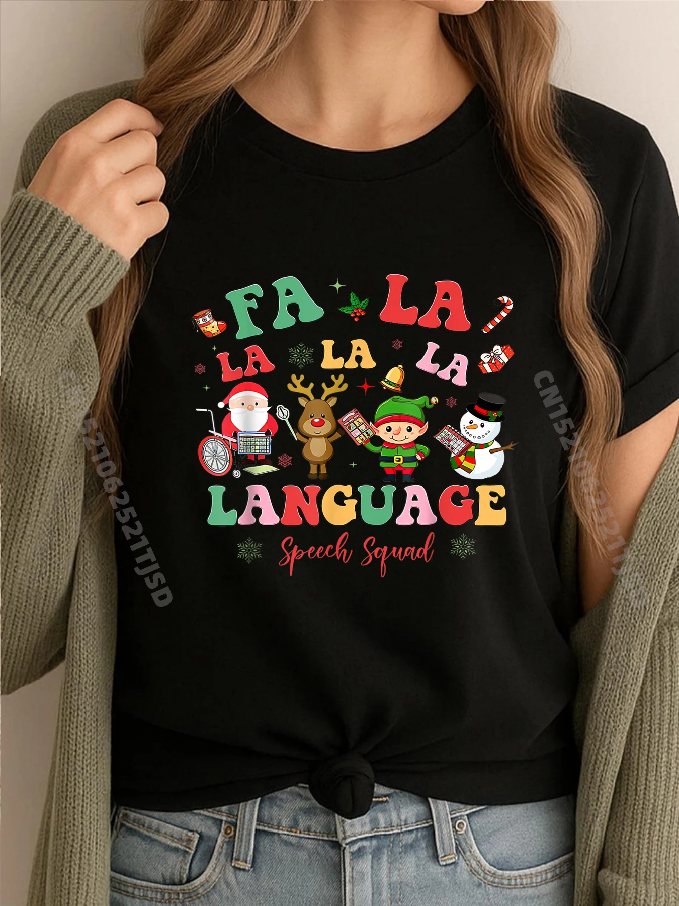 

Патолог на языке, олень, шляпа Санта-Клауса, SLP, рождественские рубашки с графическим рисунком, женская студенческая женская одежда, английский стиль