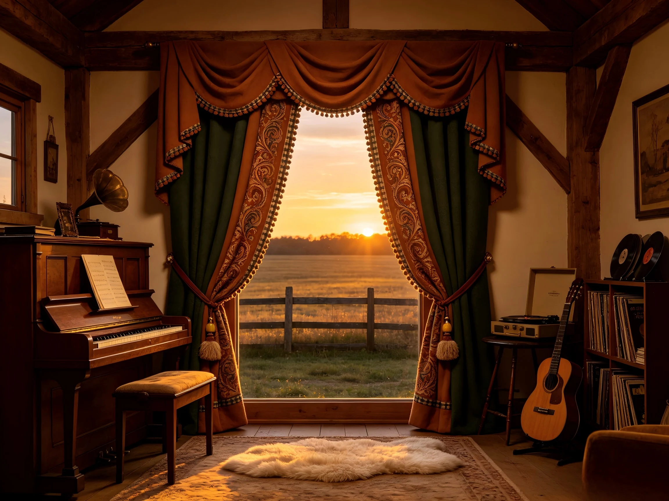 200396   Country music room: caramel brown/forest green wool blend+paisley pattern+leather strap tassel curtains