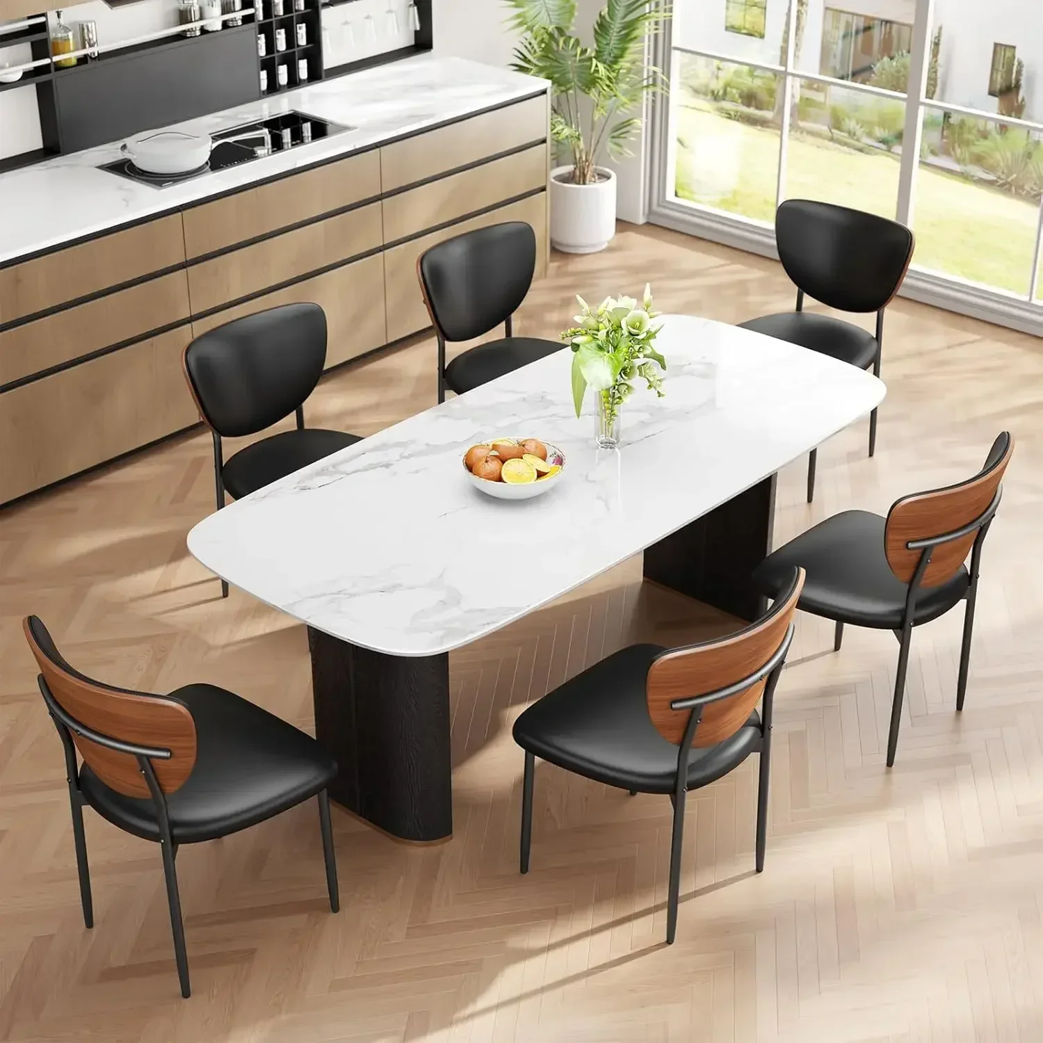 

Dining Chairs Set of 6, PU Leather Bentwood Kitchen Chairs, Mid Century Modern Upholstered Side Chairs with Metal Legs