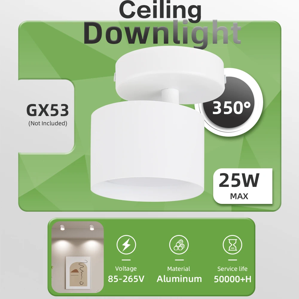 GX53 DownLight 350° Rotatable Spot Led Light Replaceable Bulb Ceiling Lamp for Living Room Kitchen Bedroom Corridor Wall Lamp
