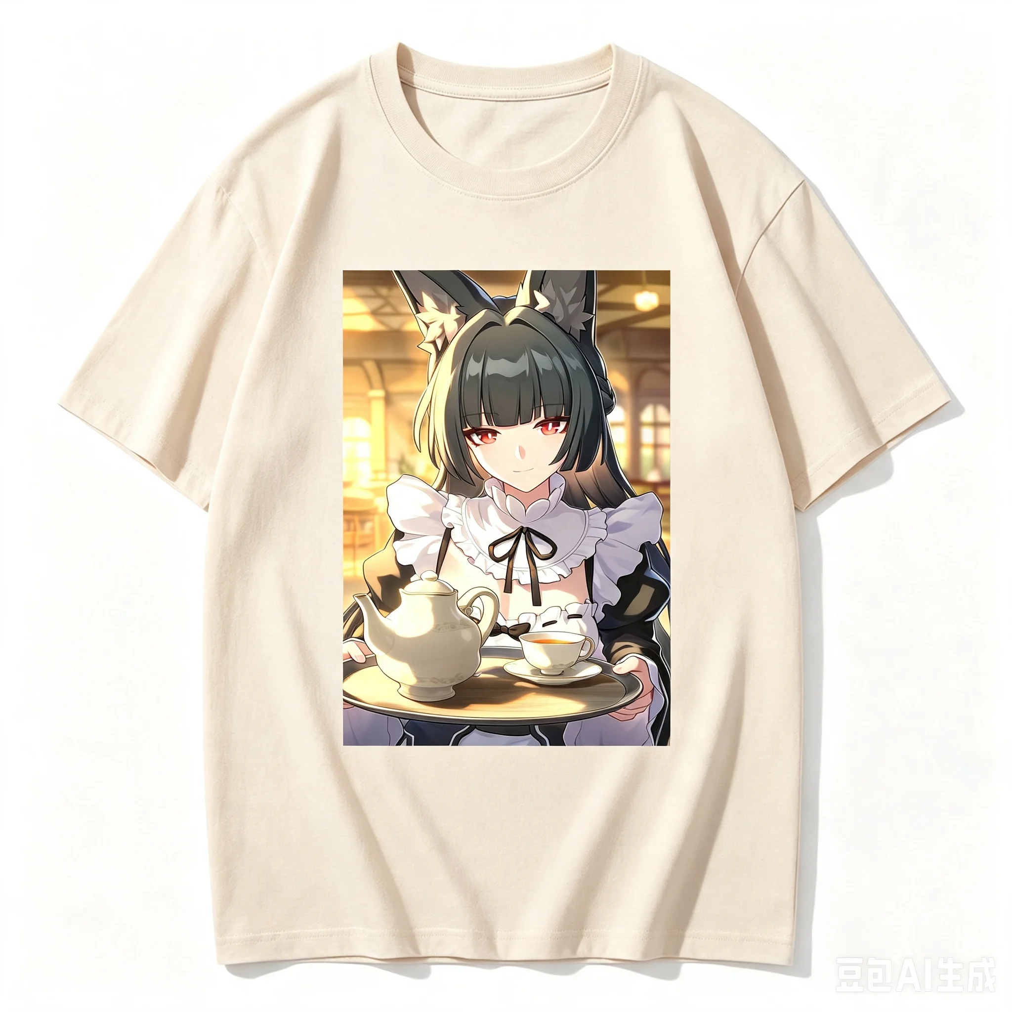 Hoshimi Miyabi Maid Outfit Tea Tray Anime Frame Graphic Crew Neck Short Sleeve Comfortable Women And Men T-shirt