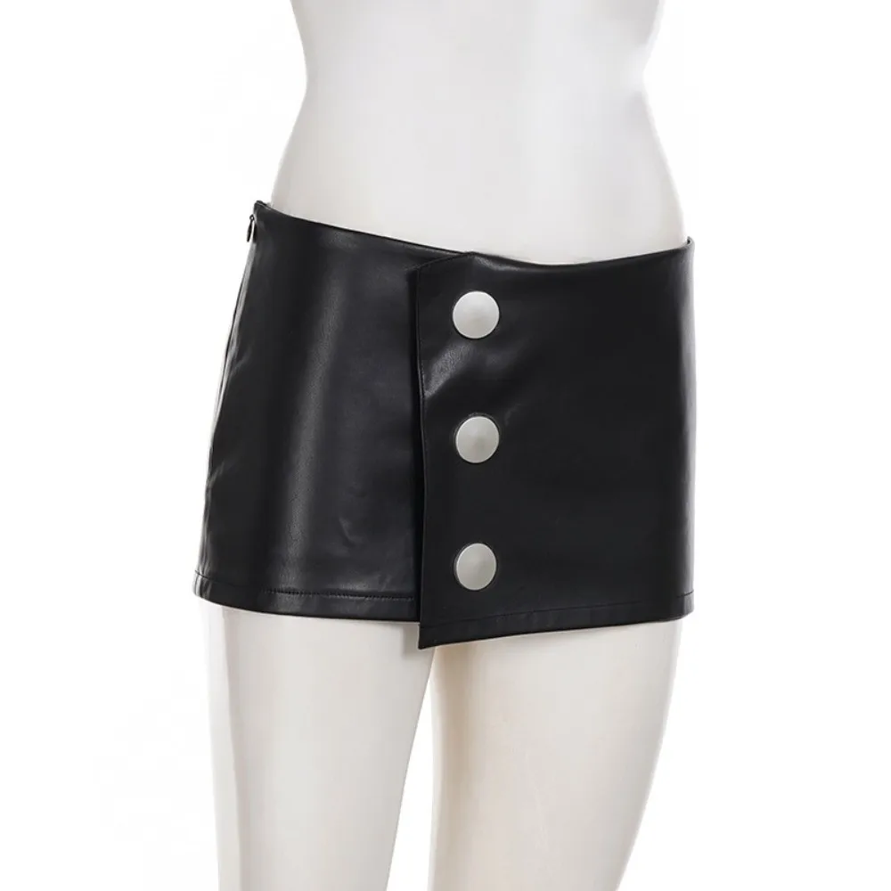 

PU Leather Metal Fastening Skirt Slim Fit Low-waist Package Hip Skirt Black with Lining Inside Irregular Half-length Skirt Lady