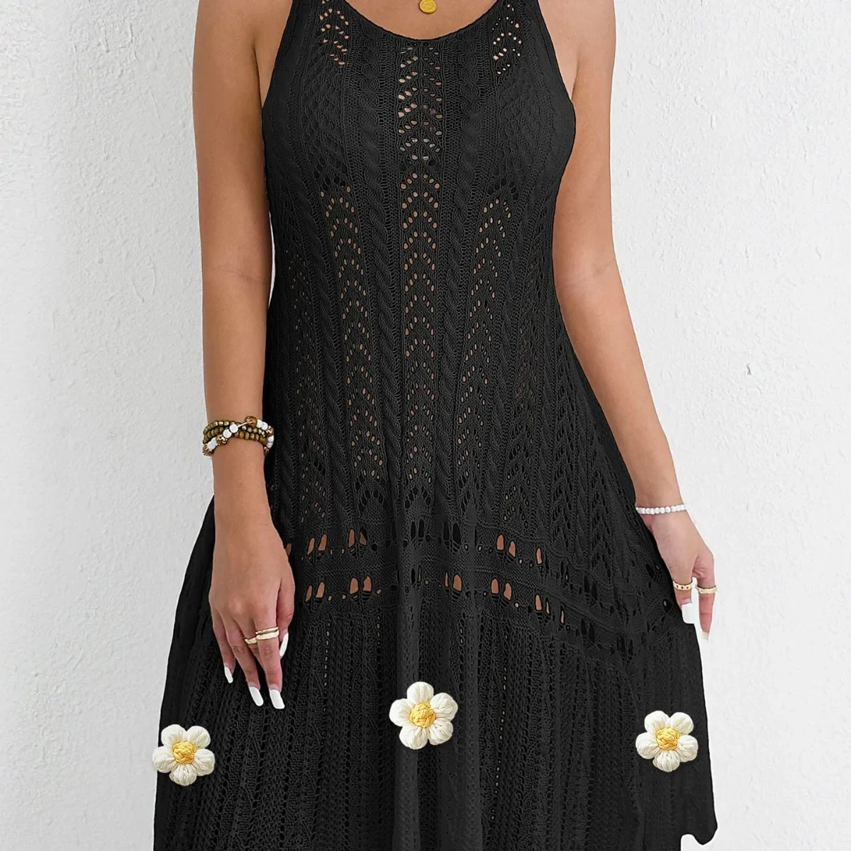 Women's 2025 Hollowed-out Hand Crochet Dress Woven Suspender Vest Swing Skirt Splicing Beach Blouse
