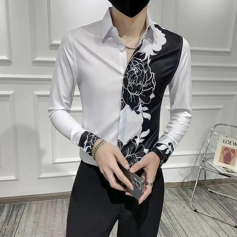 Spring Autumn Korean Fashion Contrast Color Loose Casual Shirt Hombre Long Sleeve Printed Patchwork Blouse Male Buttons Tops Men