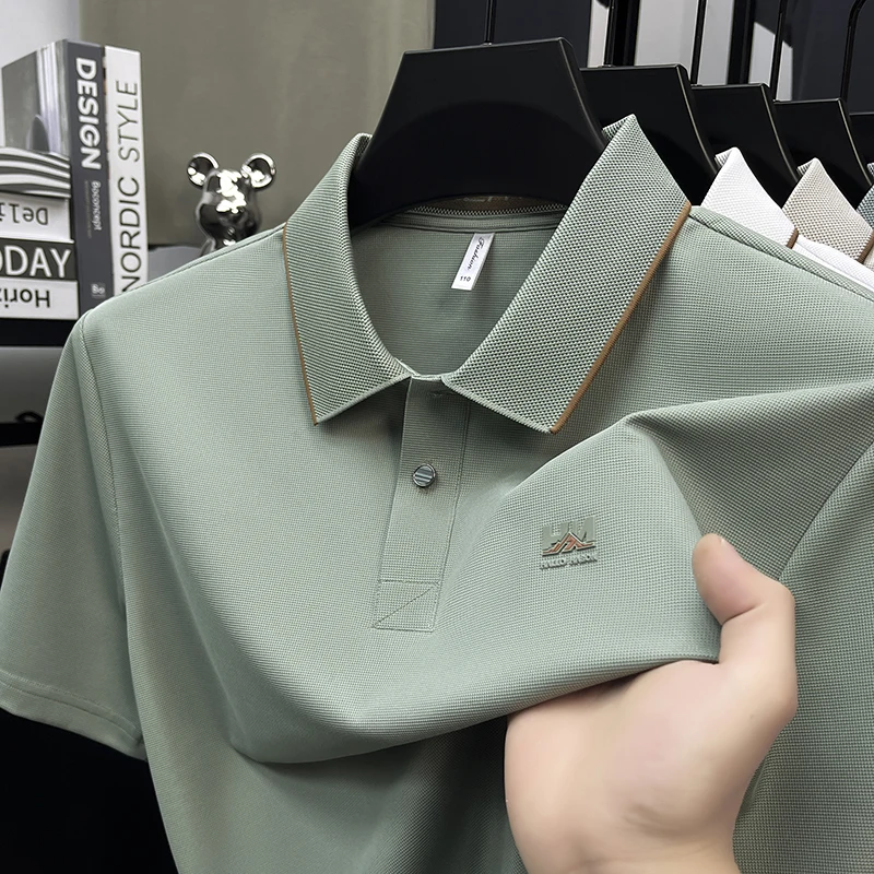 Designer brand ice silk short sleeve polo shirt new exquisite embossed T-shirt Korean casual summer comfort breathable men's top