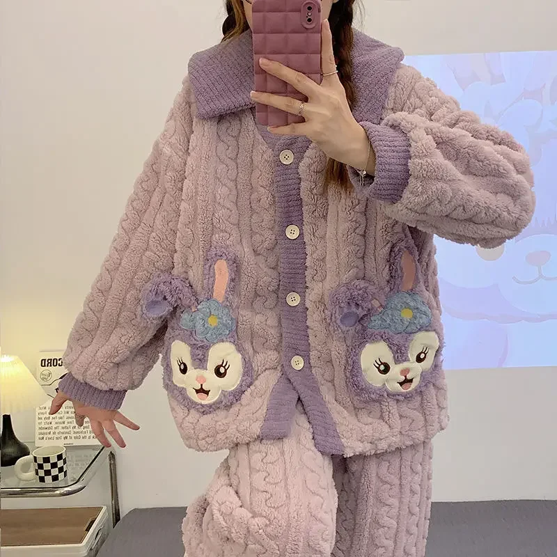 Disney Stellalou Cartoon Cute Girls Autumn and Winter Coral Fleece Thickened Warmth Can Be Weared Outer Home Clothes Pajamas Set