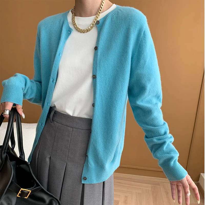 2024 Women Autumn O-Neck Single Button 100% Cashmere Cardigans Wool Fleece Sweater Purplr Green Color Women Cape Clothes Tops