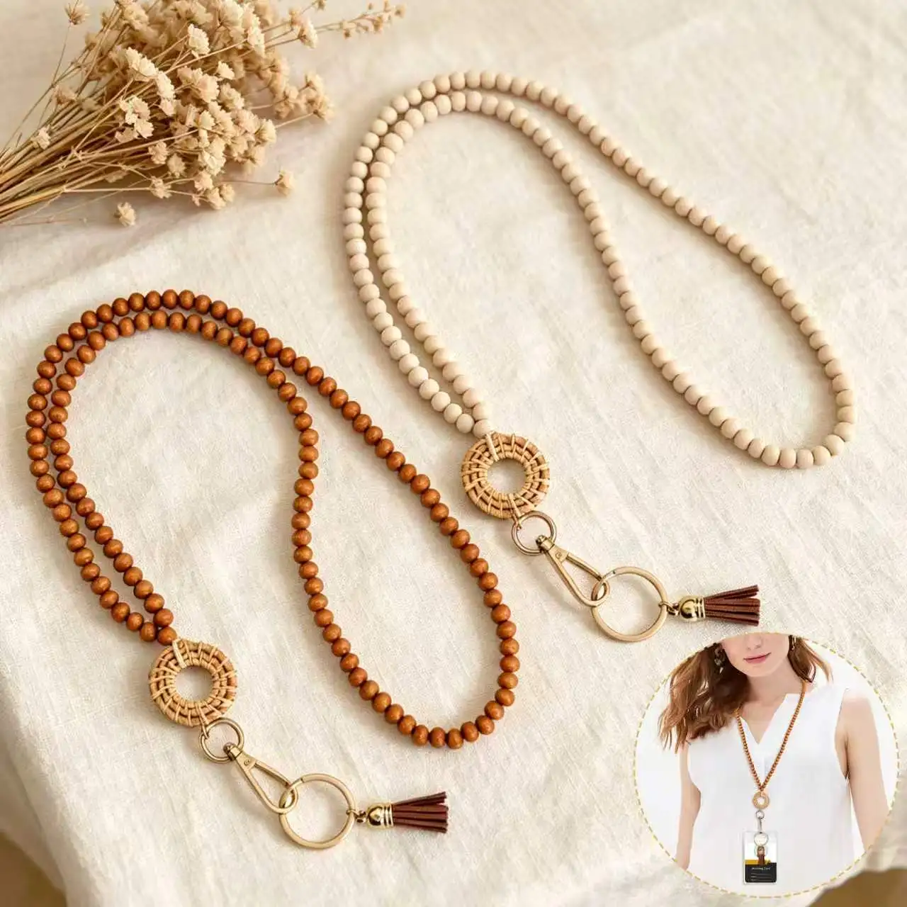 ID Badge Lanyards for Teacher Wood Cute Beads with Sturdy Clips Gift for Families Friends Colleague