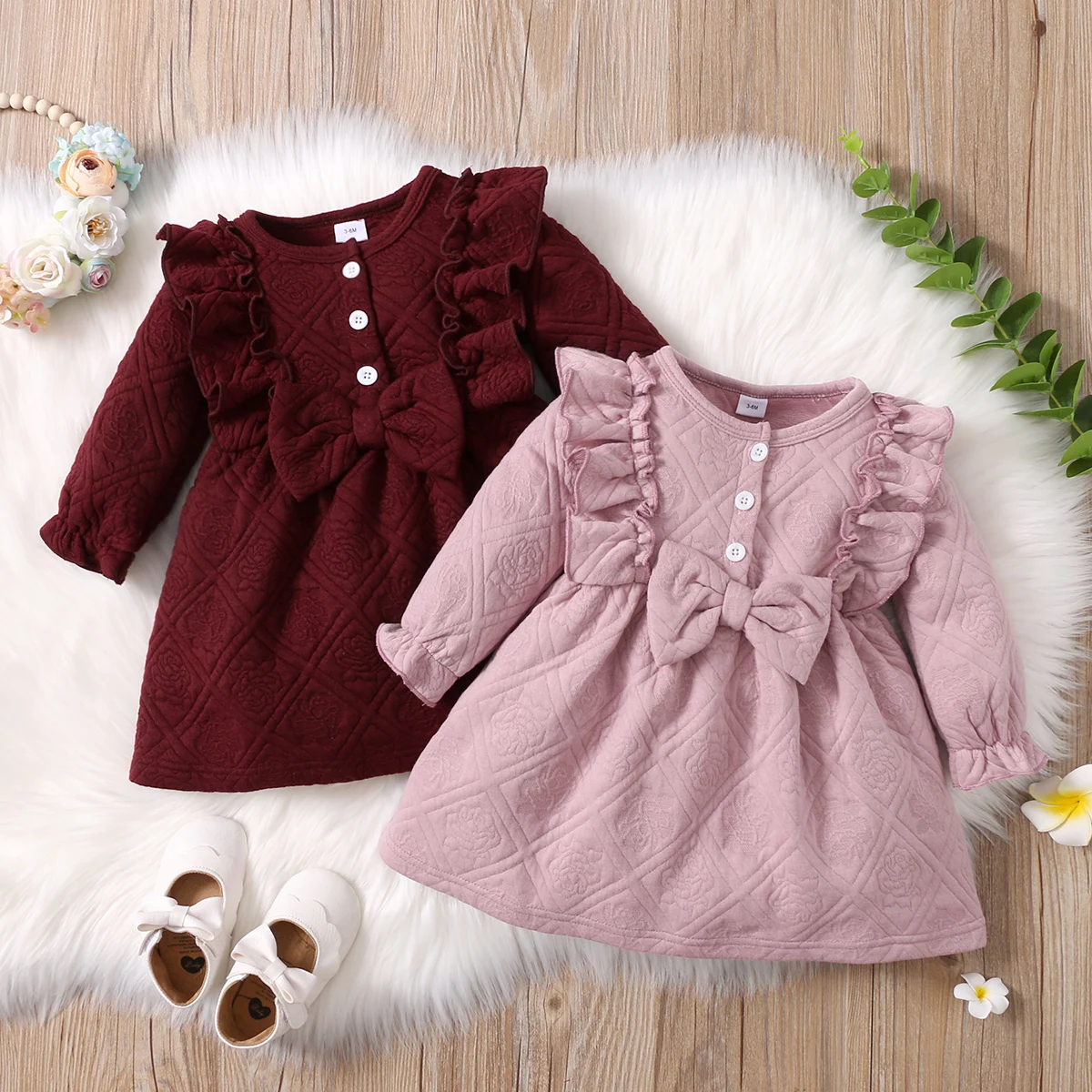 NEW Solid Color Baby Dress Girl for New Born 3 to 12 months Long Sleeve Baby Girl Clothes Bow Tie Dresses Toddler Girl Clothes