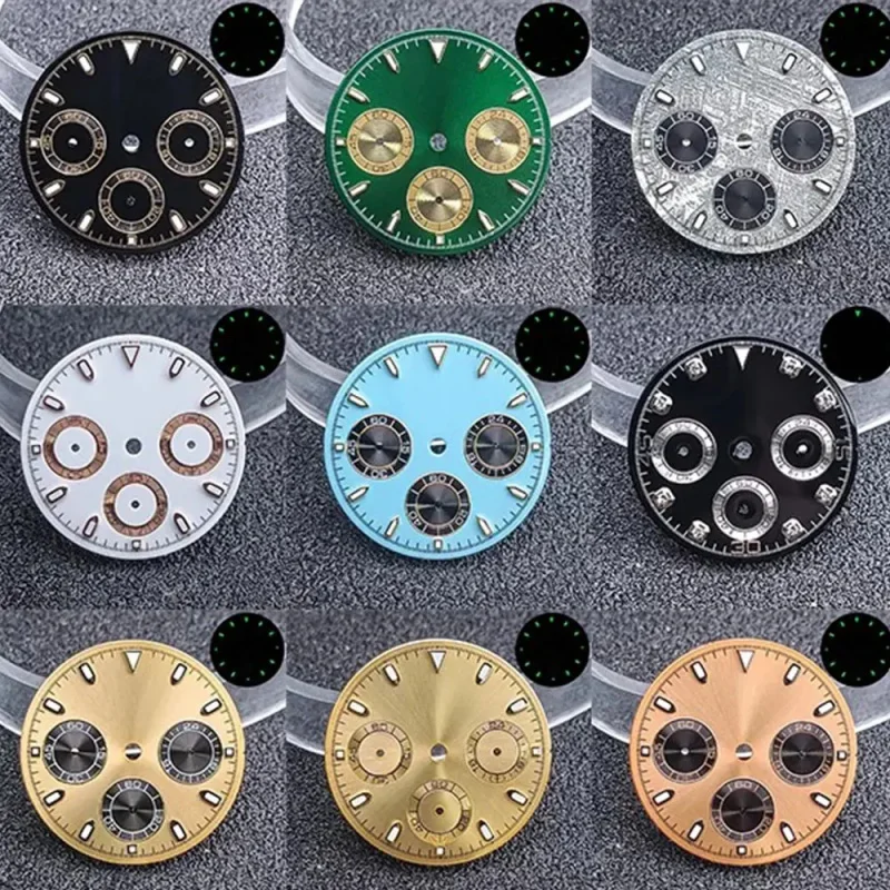 29mm dial daytona panda C3 green night light suitable VK63 quartz movement chronometer watch replacement six hands dial