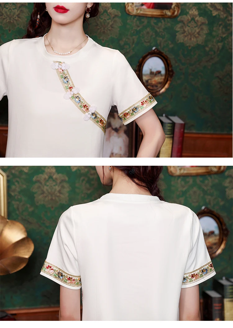 Chinese Style Women\'s T-shirt Summer New Embroidery Vintage Tees Short Sleeve Loose Women Tops Cotton O-neck Clothing