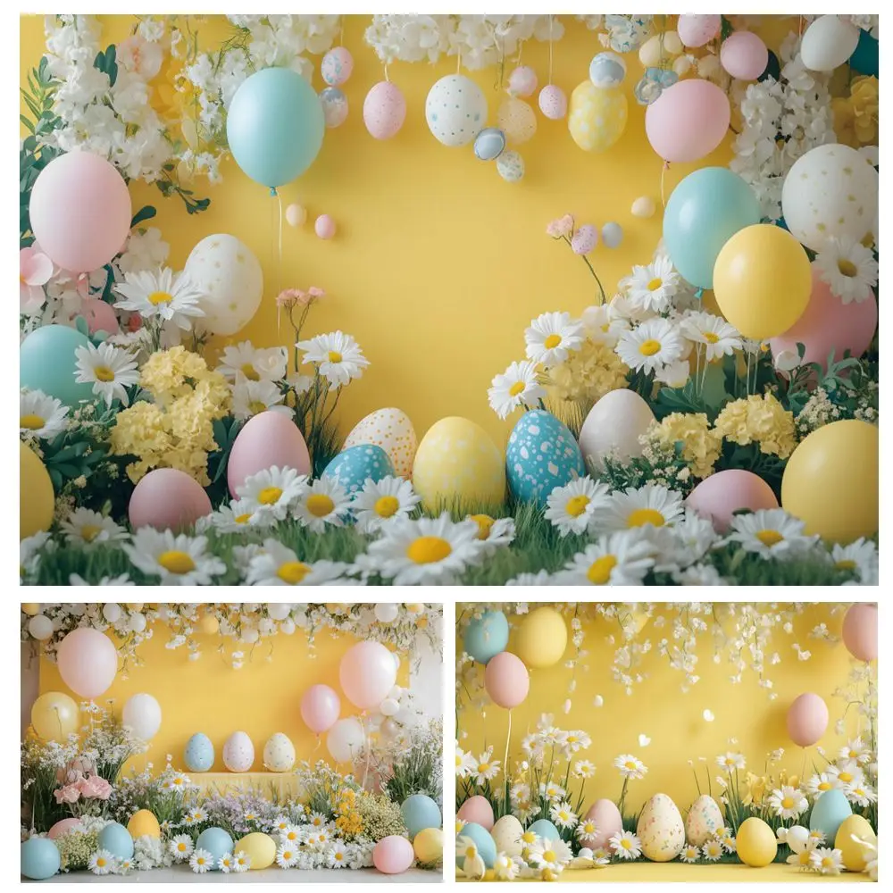 Happy Easter Day Photography Backdrop Daisy Flowers Eggs Balloons Yellow Wall Interior Baby Shower Portrait Photocall Background