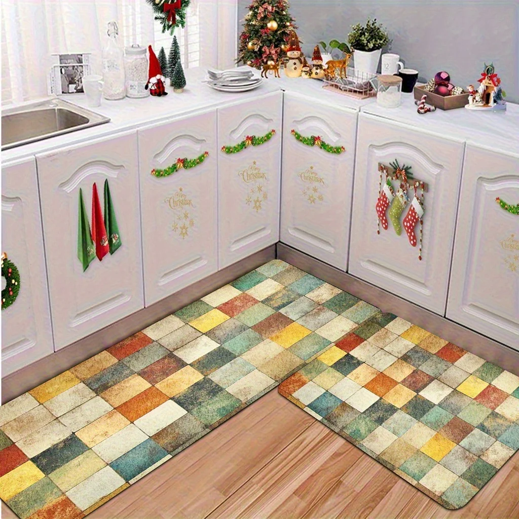 Vintage Mosaic Tile Printed Carpet L-shaped Kitchen Carpet Ethnic Style Bedroom Living Room Entrance Decoration Door Mat