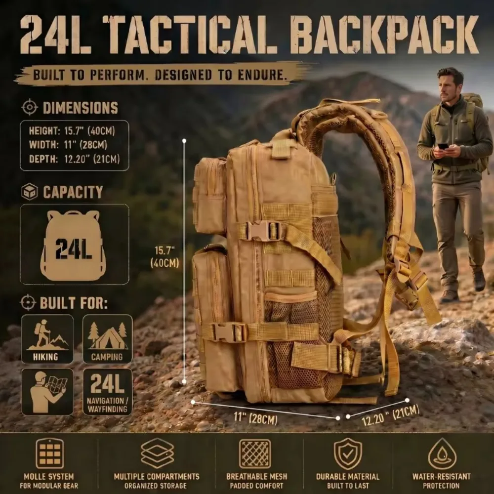 20l-モールシステムデザインのタクティカルバックパック、アウトドアスポーツ用デイパック、キャンプ、ハイキング、ハンティング、旅行、日常のカジュアル使用に最適