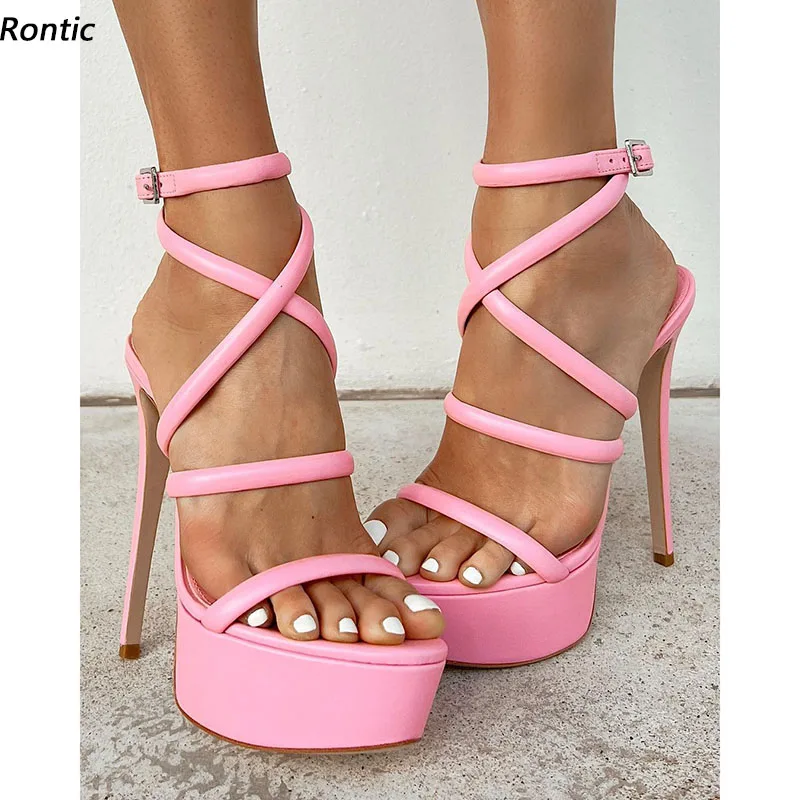 

Rontic New Arrival Women Platform Sandals Faux Leather Sexy Stiletto Heels Round Toe Pink Red Party Shoes Size 34 45 47 52