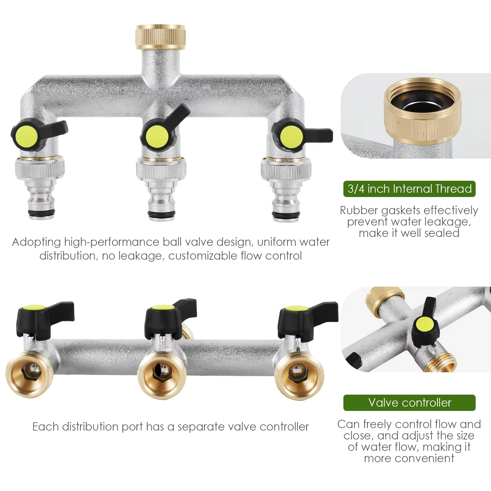 

Heavy Duty 3 Way Garden Hose Splitter 3/4 Inch Faucet Distributor with On/Off Valves for Outdoor Faucet Yard Watering Washing