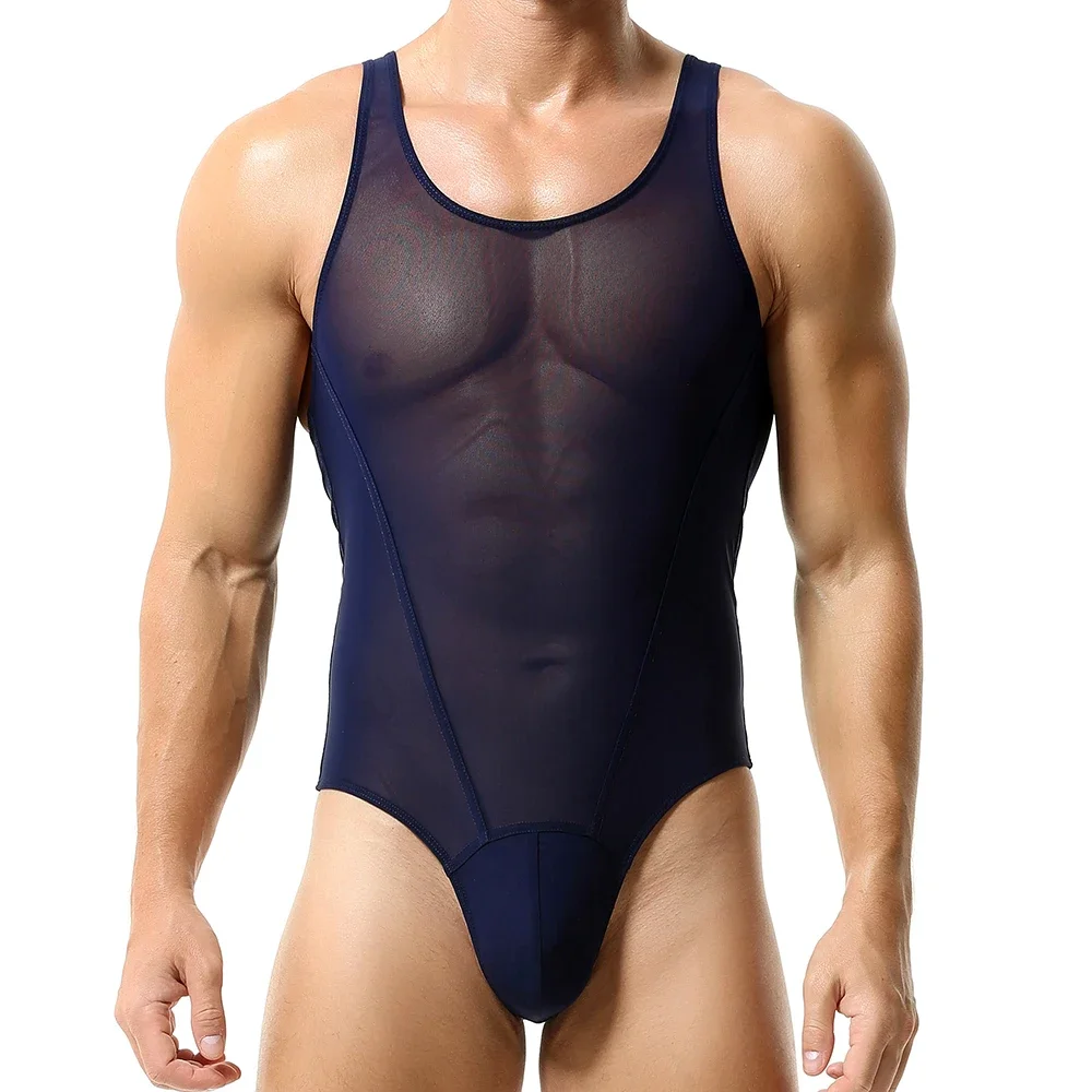 Men's Mesh Breathable Bodysuits Jockstrap Wrestling Singlet Leotard Jumpsuits for Sports Fitness