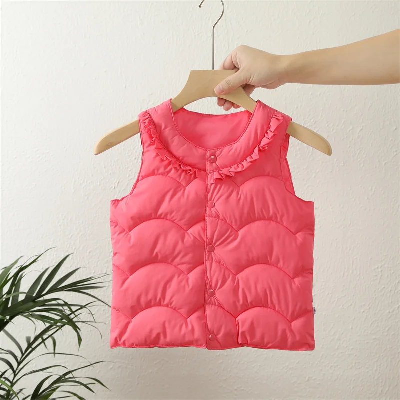 

Kids Autumn Down Vest Girls Lightweight Winter Warm Gilet Ruffle Waistcoats Children's Neckline Cute Sleeveless Jackets 6-14Y