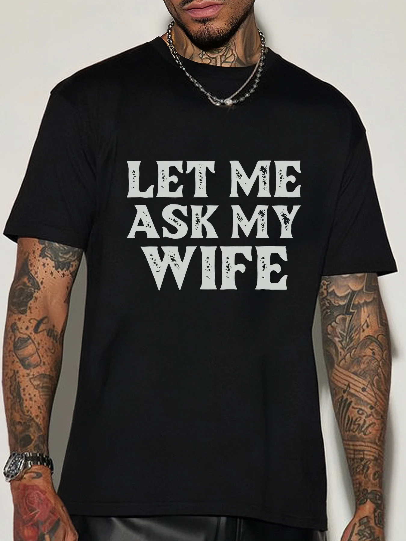 Men Short Sleeve Crew Neck T Shirt Let Me Ask My Wife Retro Letter Graphic Married Humor Theme Casual Cotton Streetwear Tee