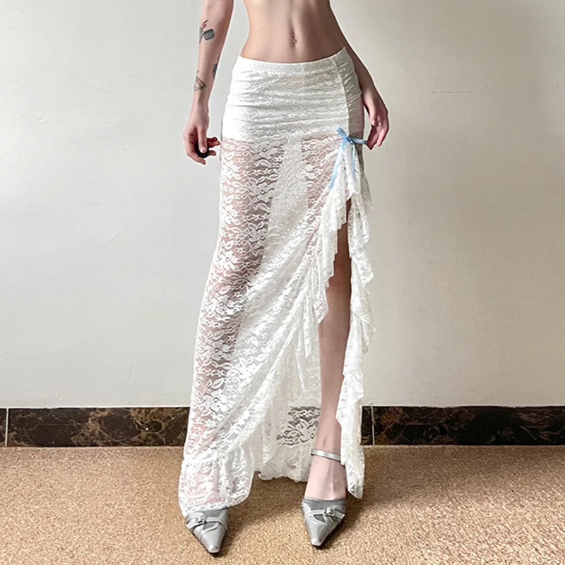 Sexy Mesh Bow Maxi Split Skirts for Summer Women Skirt 2024 New Sexy Perspective Panel Ruffle Skinny Irregular Hip Wrap Skirt