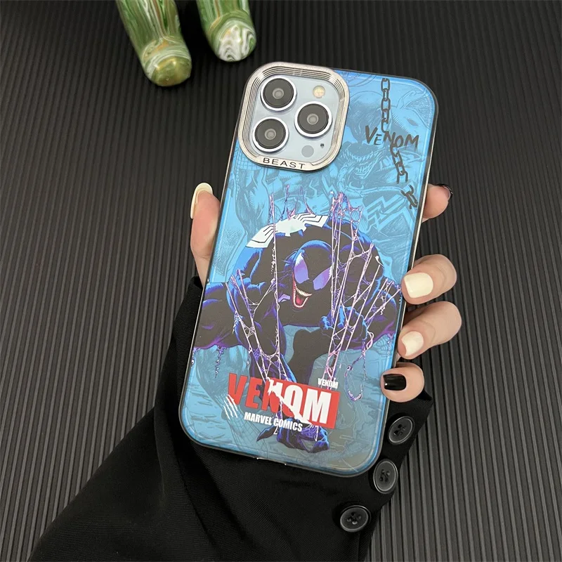 Luxury Super Hero Venom Spider-Man Aurora Phone Case For IPhone 15 14 13 12 11 Pro Max Cute Plating Lens Cover Coque Funda Shell