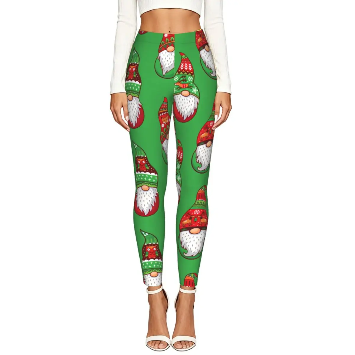 Christmas Gnomes In Hat With Different Ornaments Women Leggings High Waisted Stretch Tights Workout Running Pants