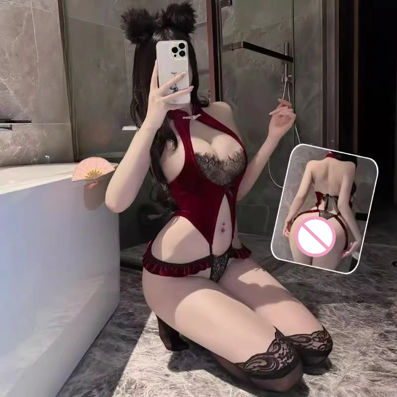 

Classical Anime Cheongsam Cosplay Costumes Sexy Open Crotch Qipao Bodysuit Lace Retro Lingerie Women Charming Porno Jumpsuit