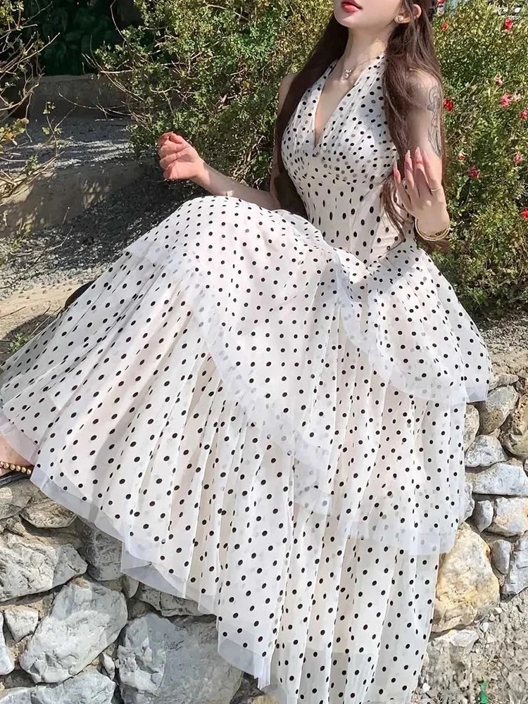 Vestido de festa com decote em v temperamento elegante bolinhas fio líquido em camadas bolo vestido longo vestidos femininos 2025 verão novo