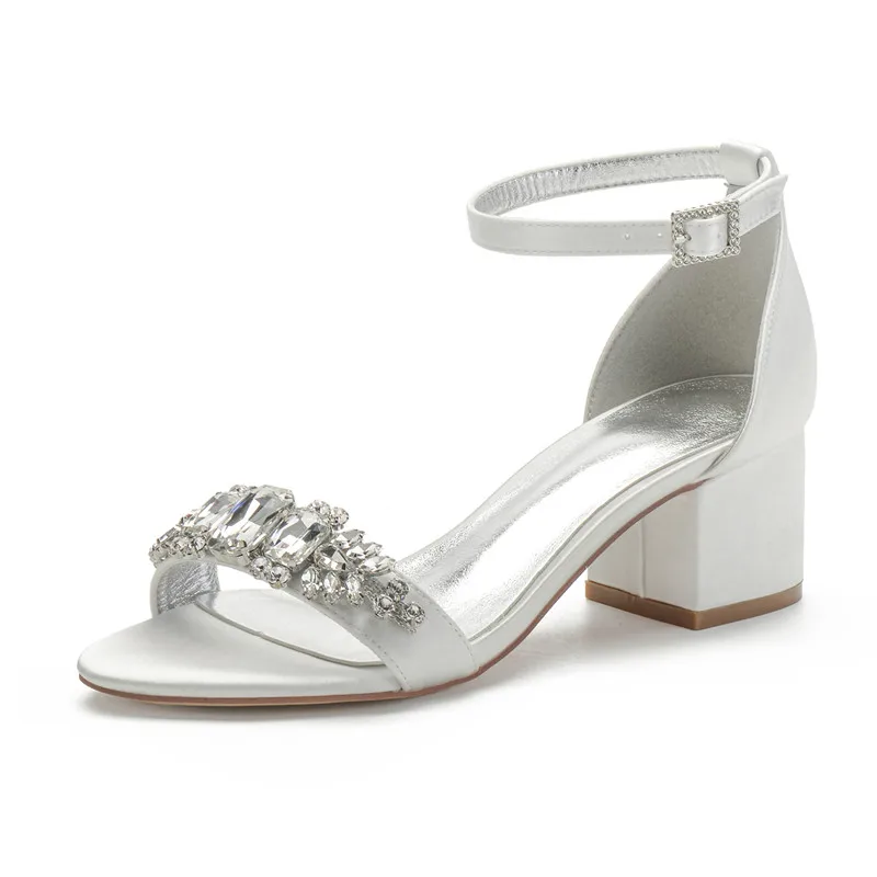 

Mid Chunky Heel Wedding Sandals Open Toe Block Heels Satin Rhinestones Bridal Shoes Prom Evening Heeled Sandal Women