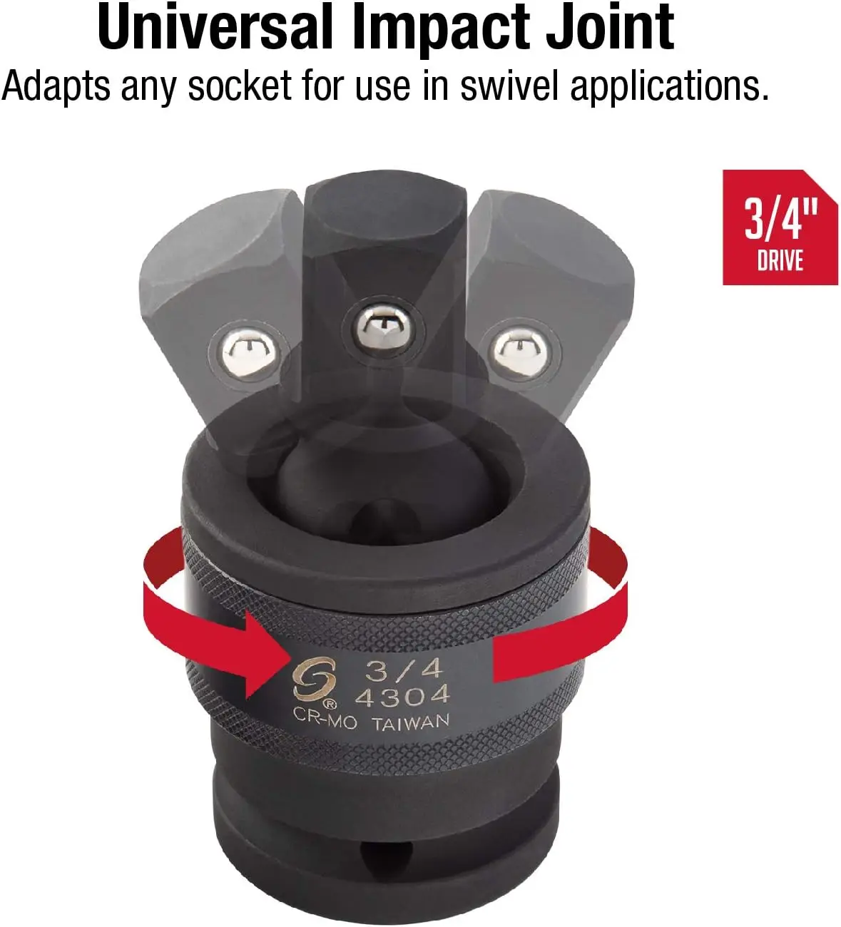 4304, 3/4 Inch Drive, Universal Impact Joint, Cr-Mo Steel, Radius Corner Design, Flexible, Meets ANSI Standards