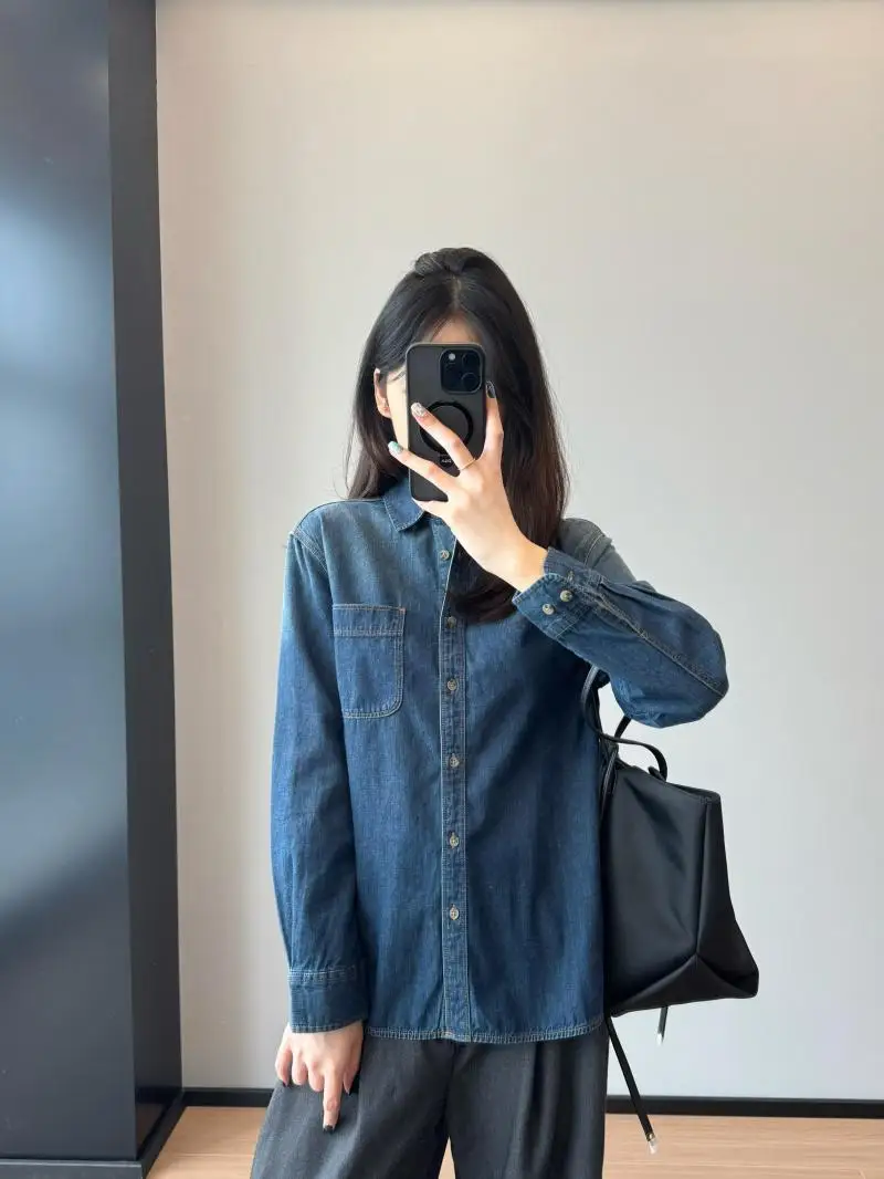 

Женская джинсовая рубашка из чистого хлопка с воротником, модная, простая, однотонная, мягкая, повседневная, с длинным рукавом, свободного кроя