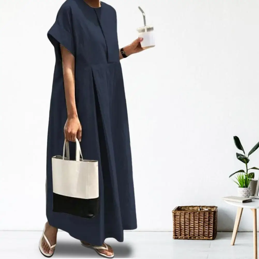 Cotton And Linen Women Maxi Dress O Neck Short Sleeves Loose Pleated Cotton Linen women Dress Summer Casual Female Midi Dress