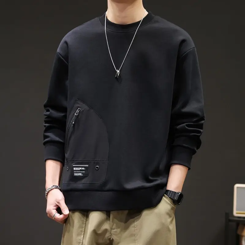 Men's Round Neck Sweatshirt with Simple Splicing Loose and Casual Versatile Long Sleeved Trendy Top