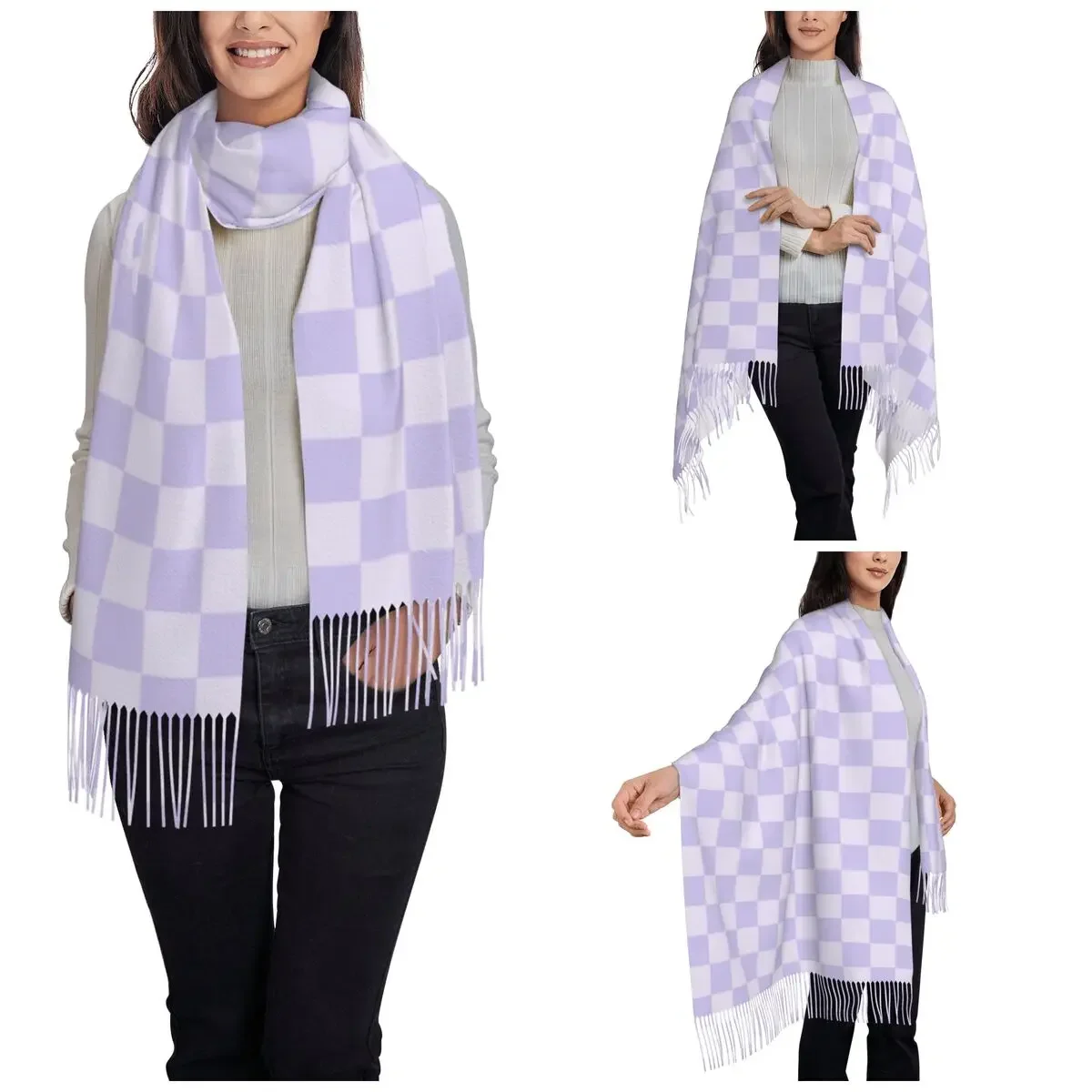 Checkerboard Scarf for Women Winter Fall Cashmere Shawls and Wrap Nodic Geometry Long Shawl Scarf for Evening Dress