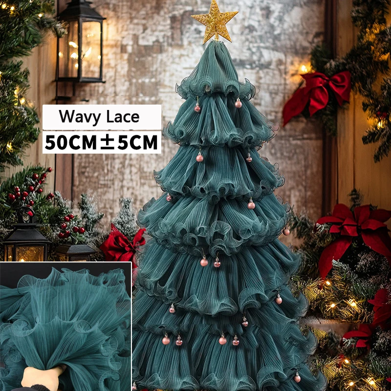 

Christmas Decor Fabric - Lake Blue 50CM Tulle with Double Wave Lace Edges - DIY Craft Material for Holiday Atmosphere