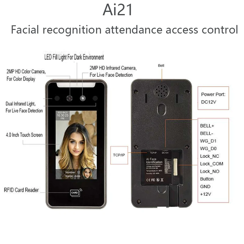 Terminal de asistencia de Control de acceso de reconocimiento Facial dinámico, TM-Ai21