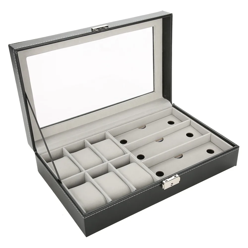 Durable PU Leather Storage Box Multifunctional 6+3 Grids Watch Organizer Delicate Simple Style Jewelry Storage Household Storage
