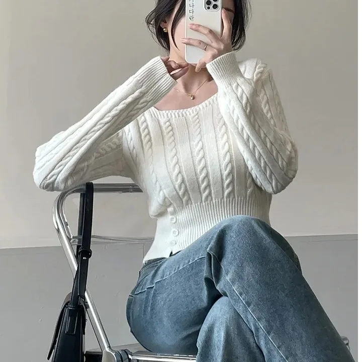 Women's Knitted Thiened Casual Sweater Autumn Winter Korean Sle Square Collar Pure Color Base Top Button Single Row