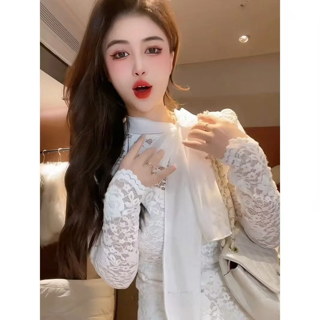 Elegant Long Sleeve Lace Shirt for Women  Knot Belt Gentle Style Autumn New Arrival Soft Fabric Polymide 100%
