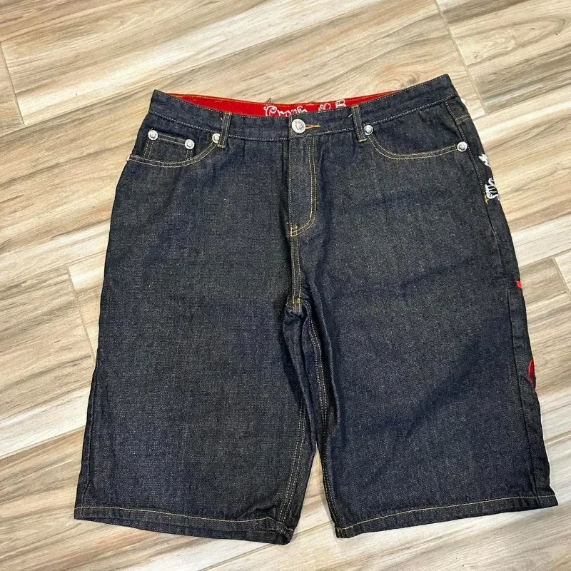 Y2k americano novo alfabeto gótico bordado baggy denim shorts feminino harajuku retro hip hop popular cintura alta shorts de perna larga