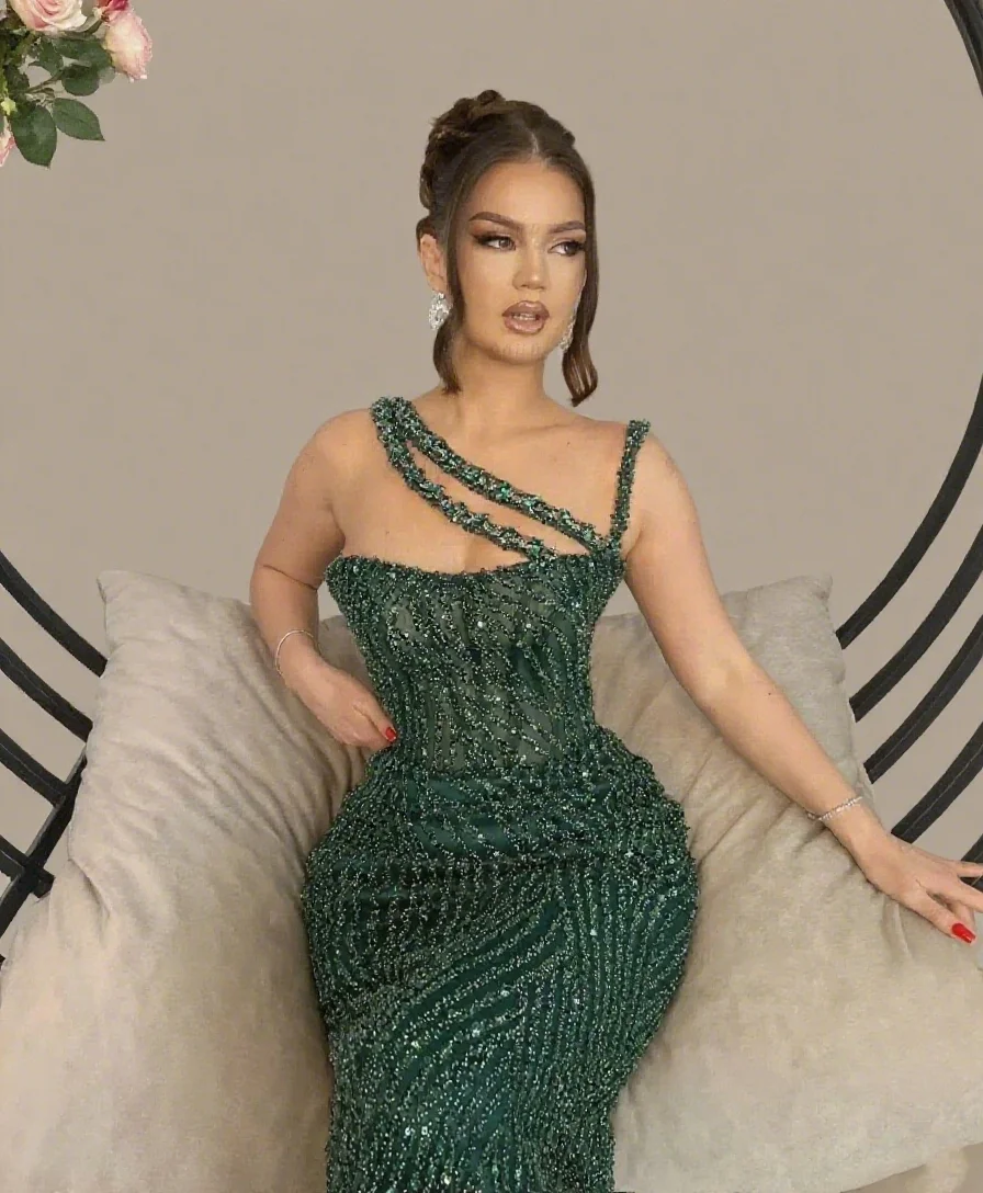 

Luxury Beads Emerald Green Party Dress Long Maxi Halter Evening Night Gowns New Wedding Guest Dress Prom Gown Customized