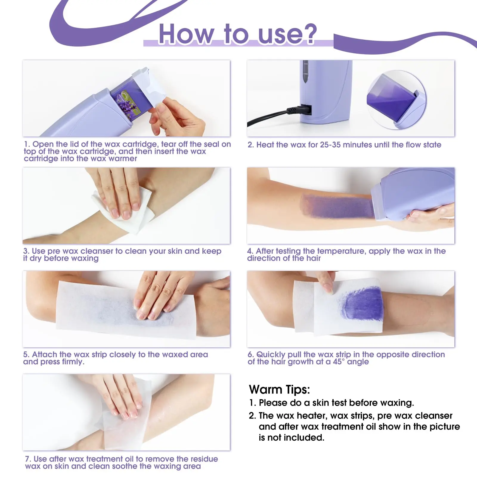 Roll On Waxing Kit Lavender Hair Removal Wax Warmer with Cartridge Depilatory Roller Refill for Legs Arms and Underarm