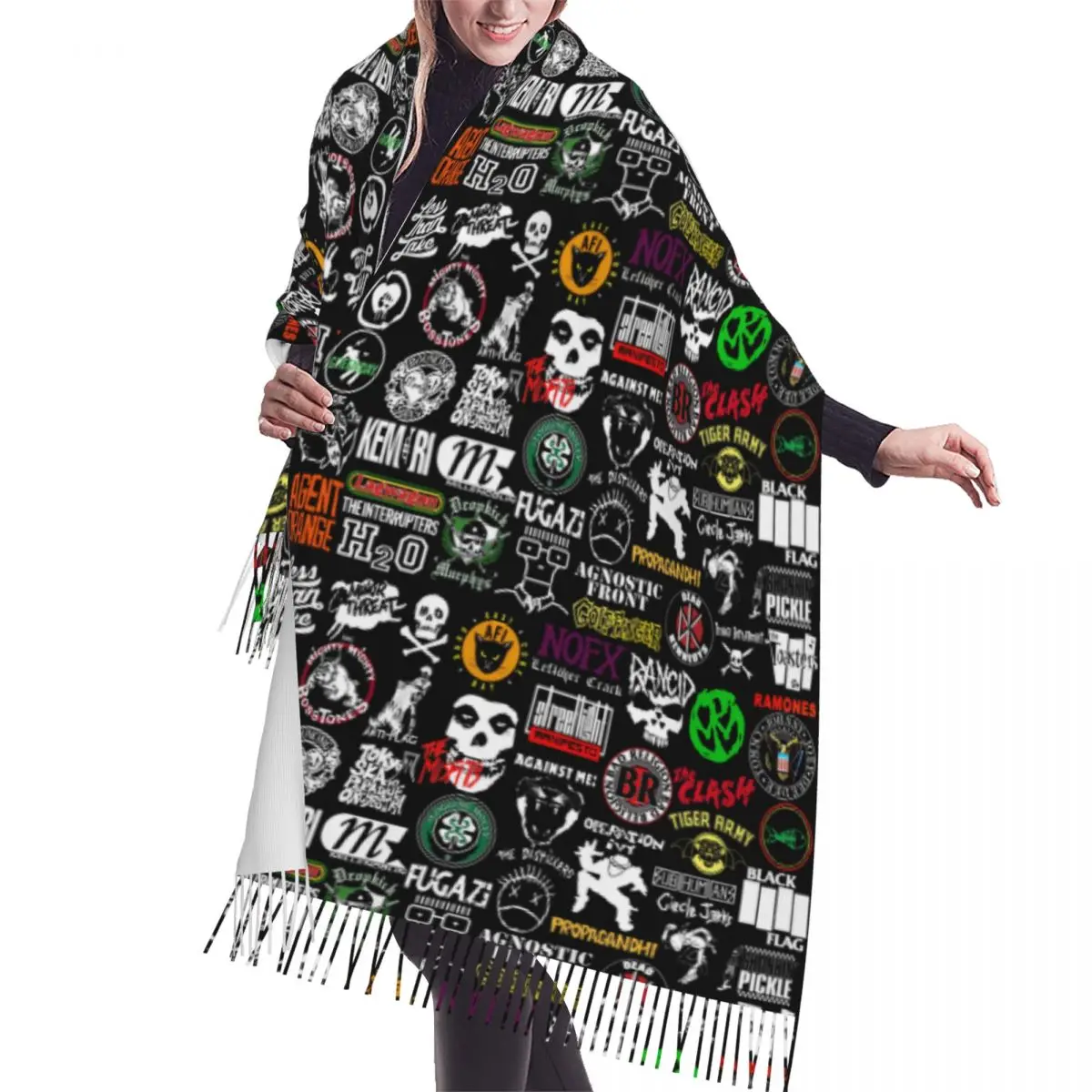 

Custom Ladies Large Rock Punk Band Misfits Pattern Scarves Women Winter Thick Warm Tassel Shawl Wraps Heavy Metal Scarf