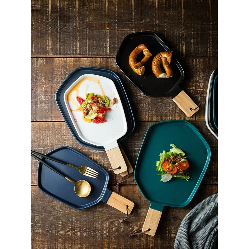 

Modern Wooden Handle Plate Creative Ceramic Western Dinner Plate Western Tableware Steak Dinner Plate Home Kitchen Decoration